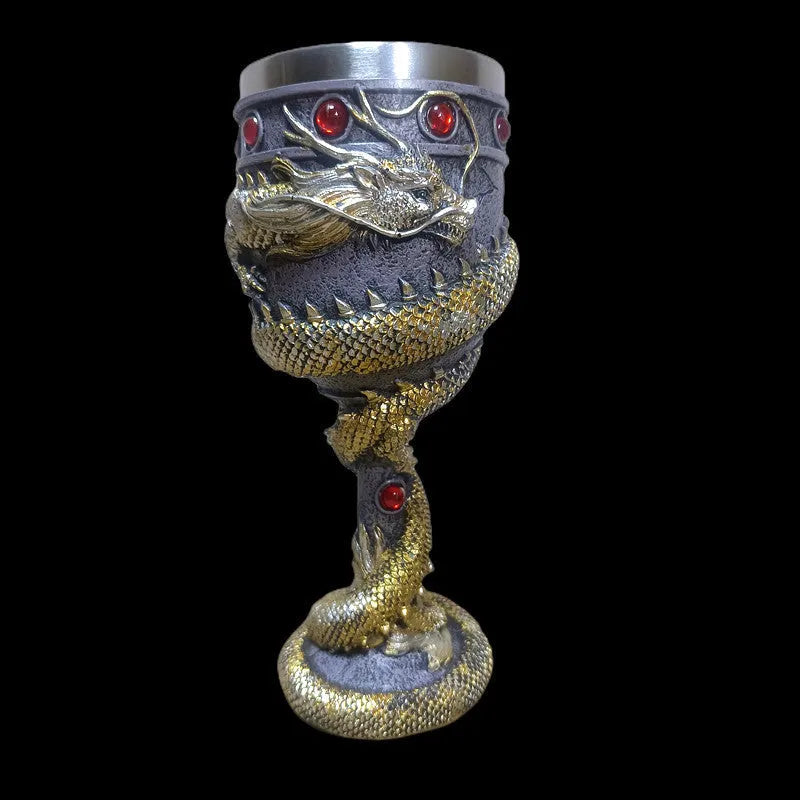 Red wine glass with 3D dragon resin sculpture on stainless steel base in gold or red colour