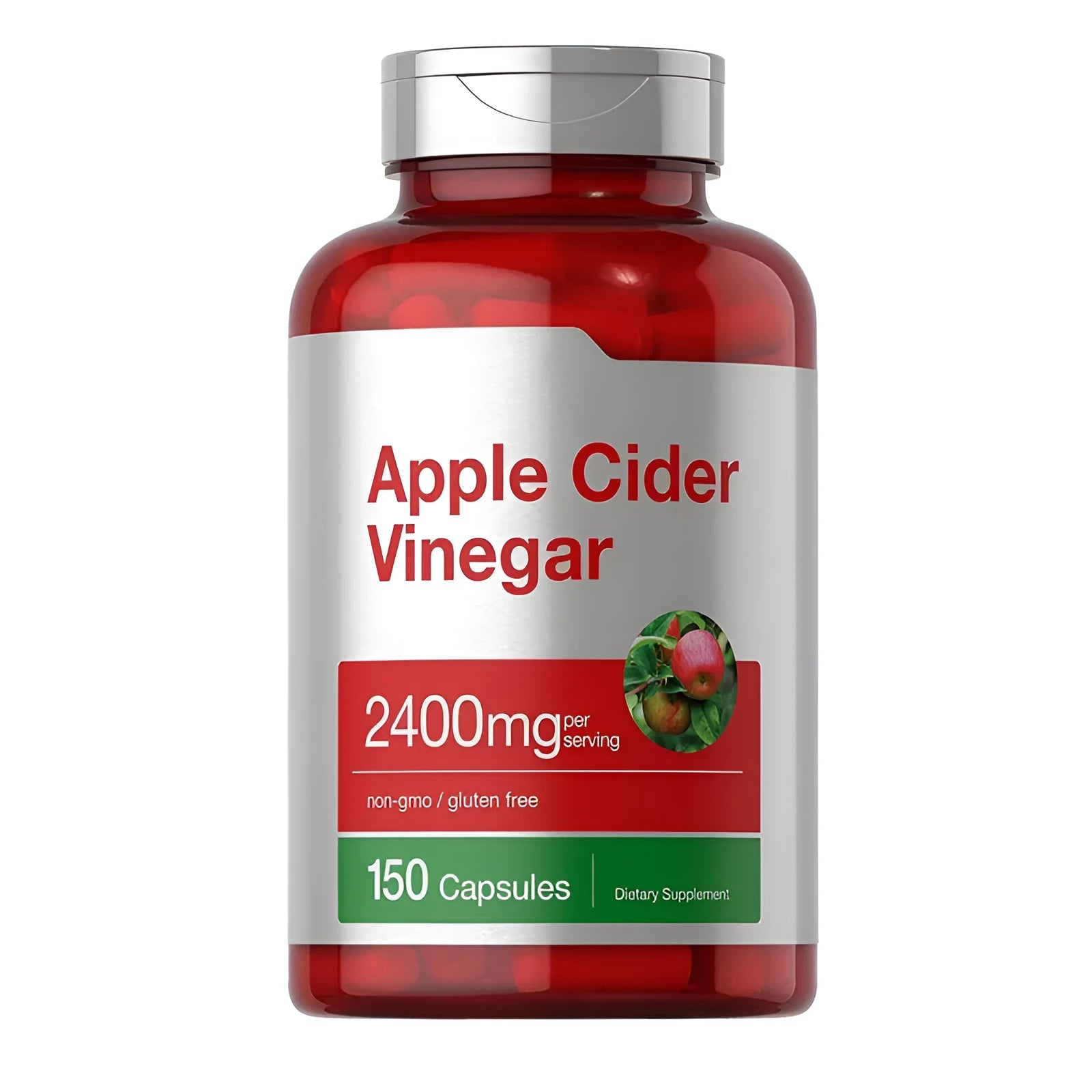 Bottle of 150 Health Vinegar Capsules containing apple cider vinegar dietary supplement tablets.