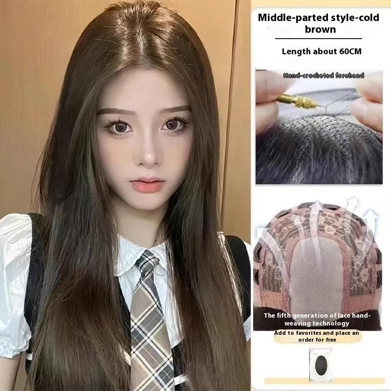 Forehead lace long straight black wig with side bangs in high temperature fibre material