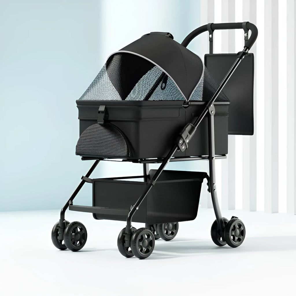 Black removable pet cart with one-click folding mechanism and large capacity design
