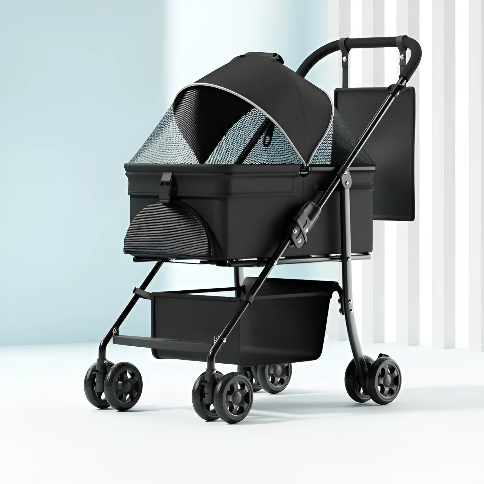 Black removable pet cart with one-click folding mechanism and large capacity design