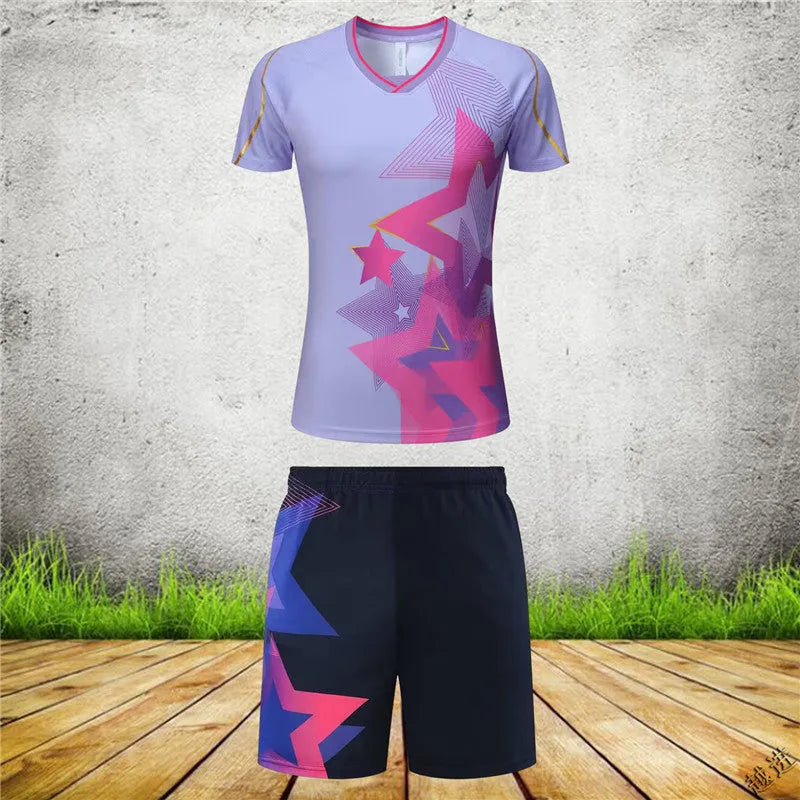 Man and woman wearing short-sleeved blue and purple badminton sportswear outfits, consisting of a top and trousers.