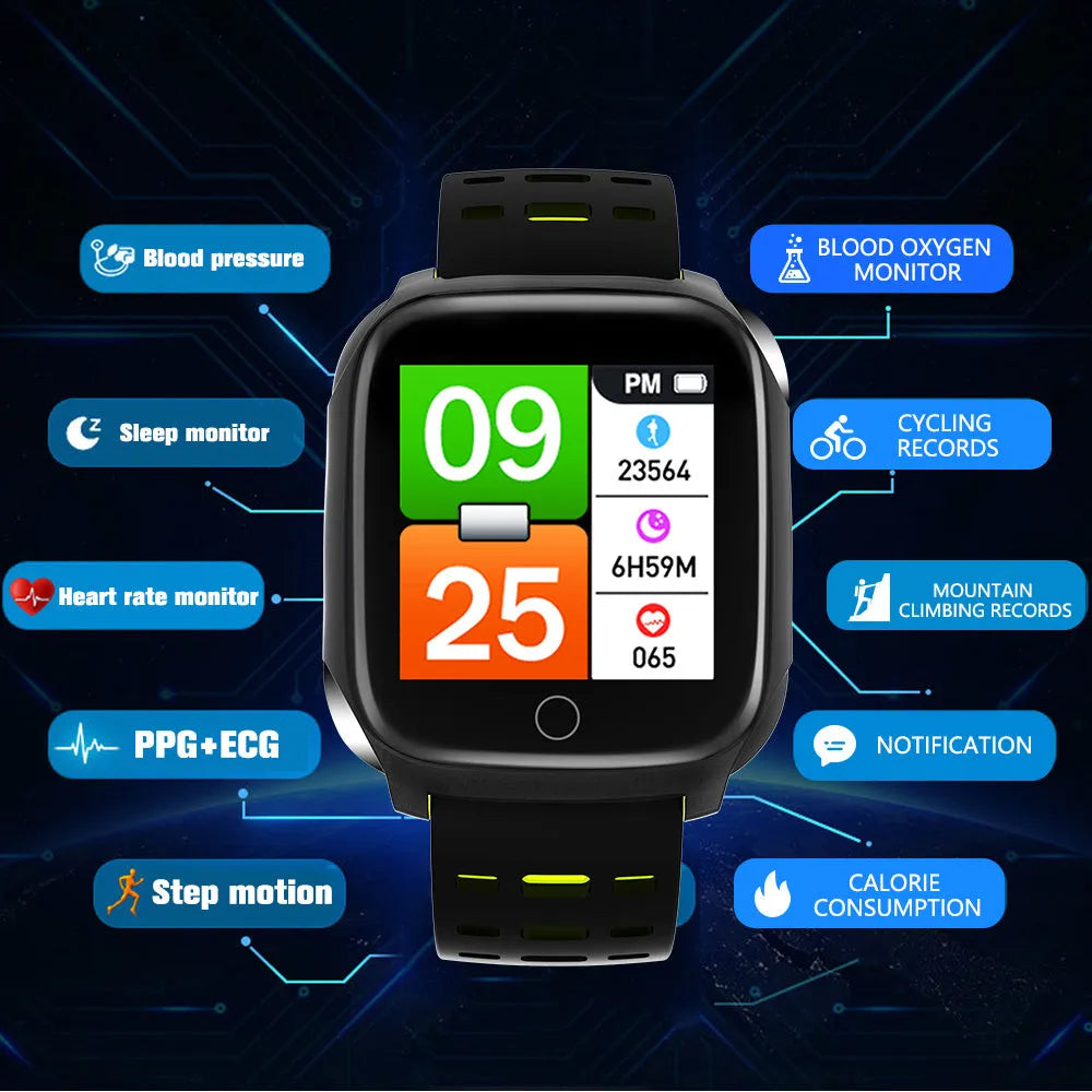 F16 smart watch with ECG monitor on black grey silicone wristband showing blood pressure display