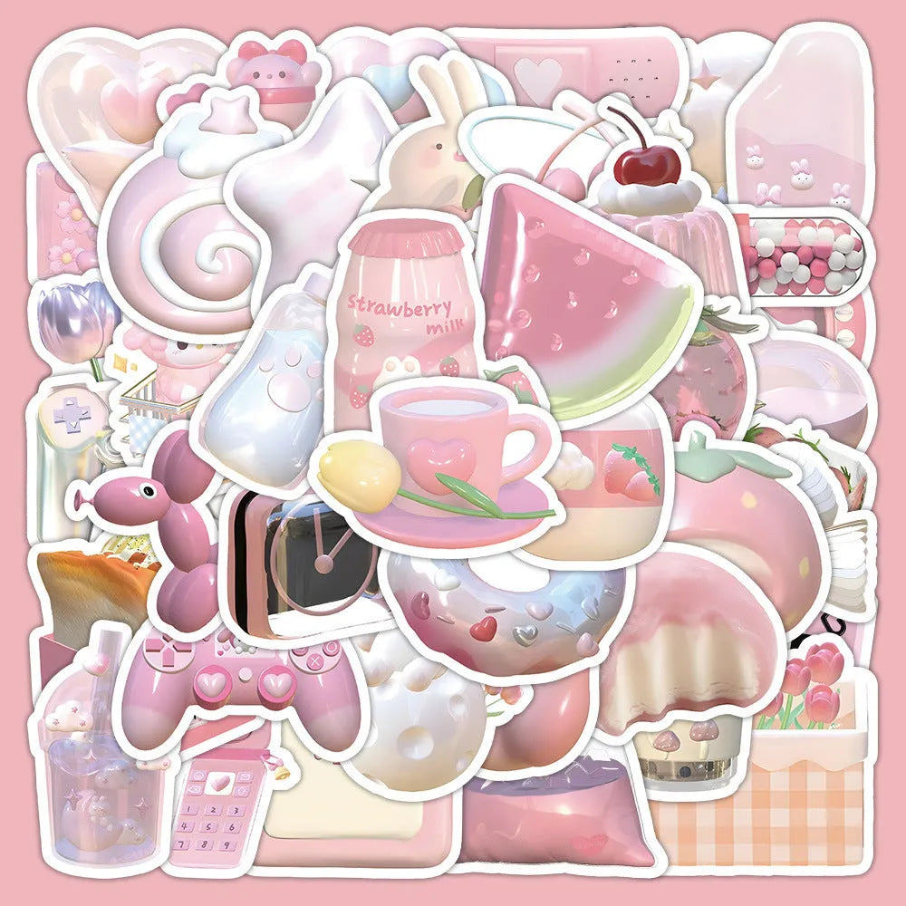 Pink girly heart decorative stickers pack with 63 pieces, showing 3D realistic effect in a cute style.