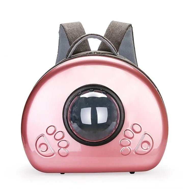 Transparent space capsule pet carrier bag for cats in rose gold, luxury silver, or champagne gold.