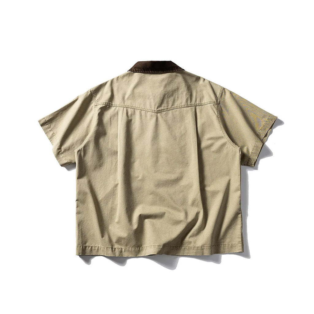 Short sleeve washed overalls shirt cardigan in loose fitting khaki or grey cotton