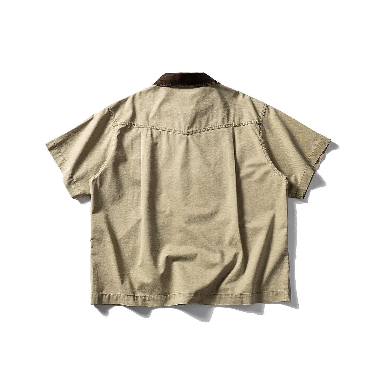 Short sleeve washed overalls shirt cardigan in loose fitting khaki or grey cotton