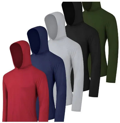 Set of four men's lightweight polyester hoodies on hangers, showing colour options and basic design.