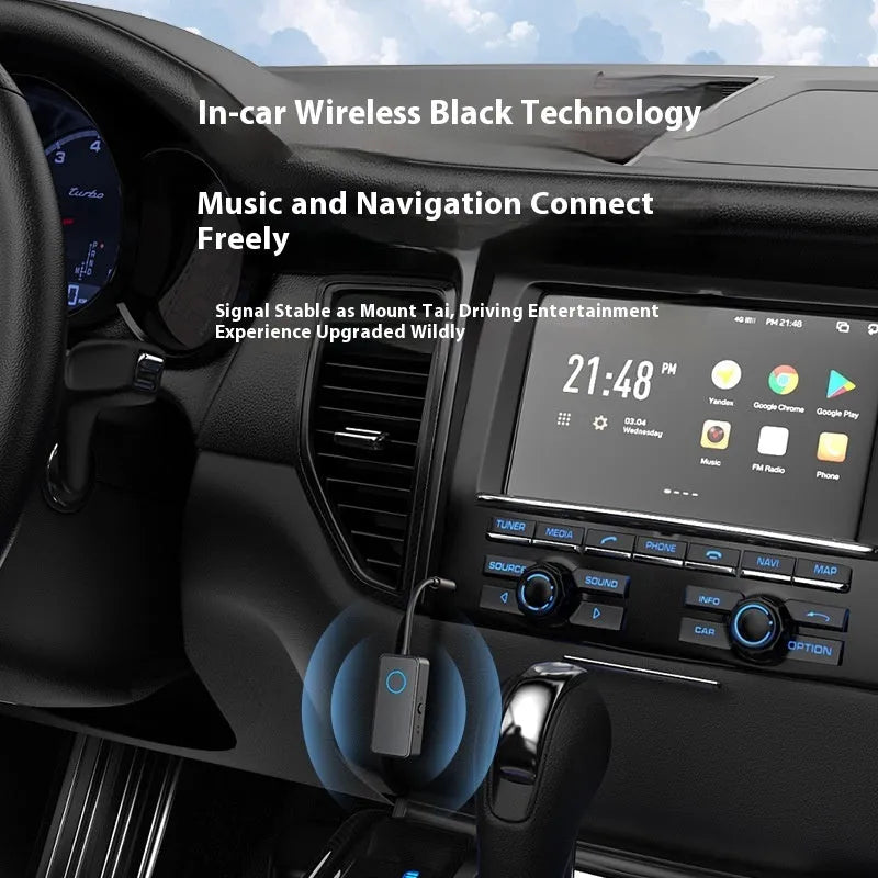 Black Bluetooth 5.4 audio adapter with flexible 3.5mm plug for wireless streaming to car stereos and speakers