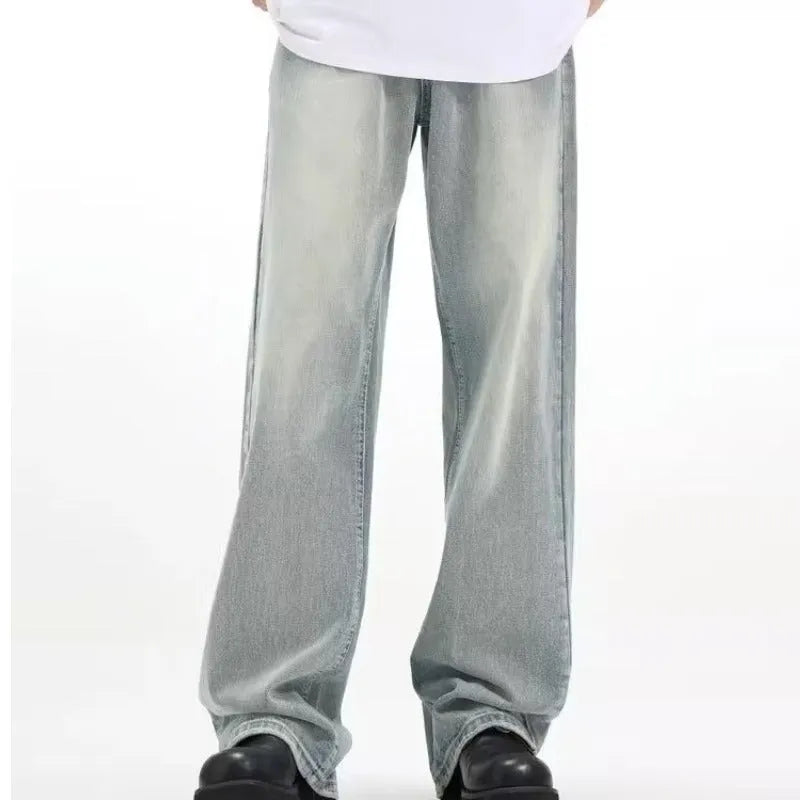 Blue loose-fit retro casual trousers made from rabbit fur fabric on a plain background.