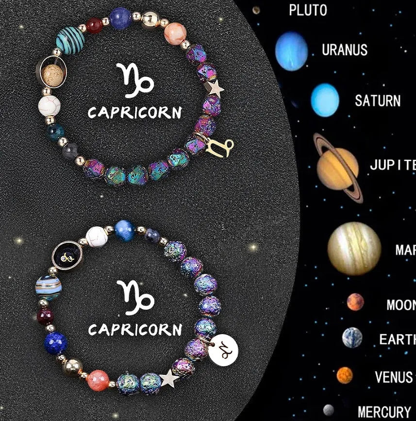 Set of two natural stone beaded bracelets with metal zodiac charms on an elastic cord.