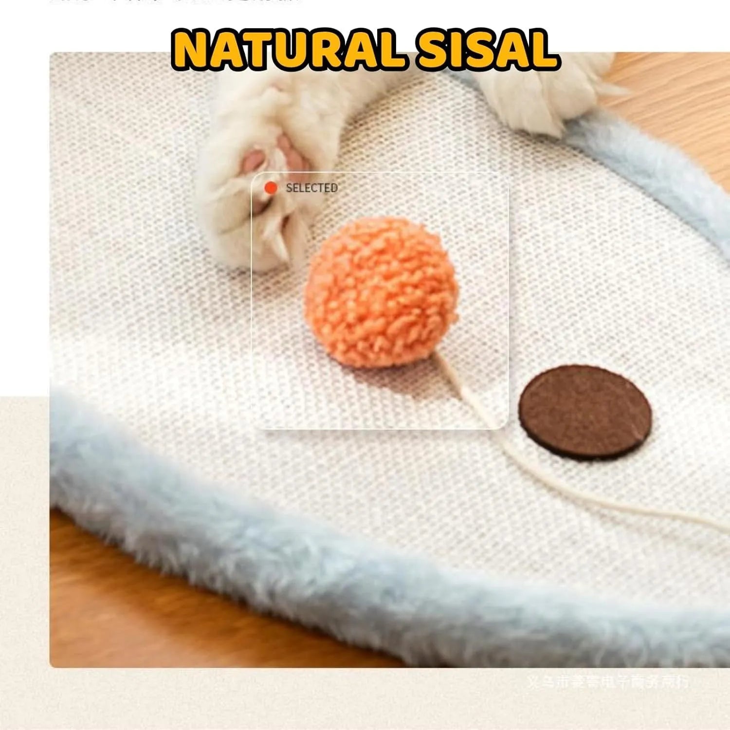 White cat scratching mat with sleeping cat pattern, made from natural sisal, shown mounted on a wall