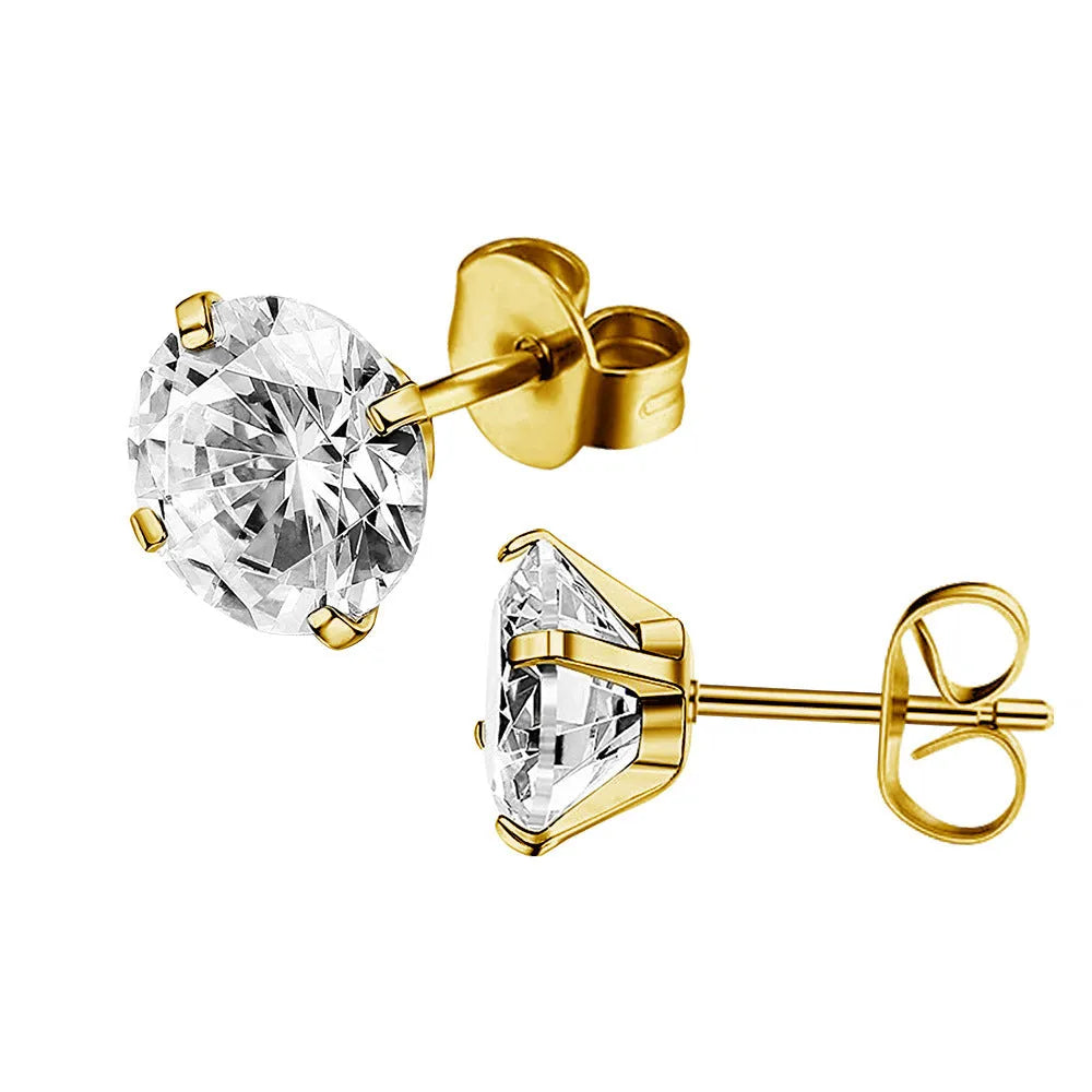 Geometric titanium stainless steel stud earrings with round zircon stone in gold colour.