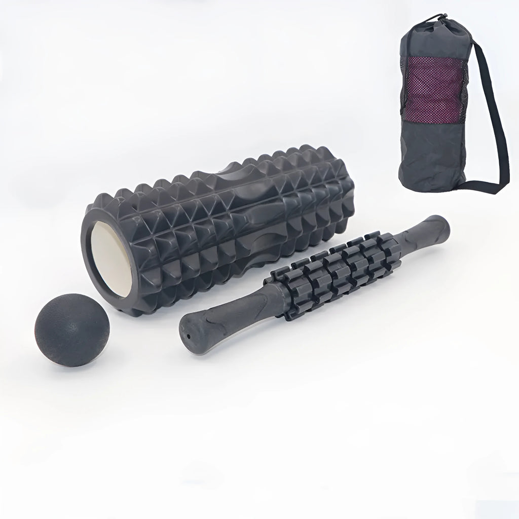 Black foam massage roller stick with six textured sections measuring 33cm long