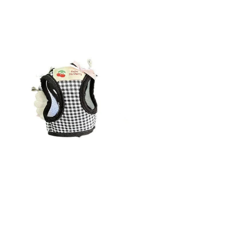 Small dog harness with chest and back attachments and cotton hand-holding rope in pink or black colours