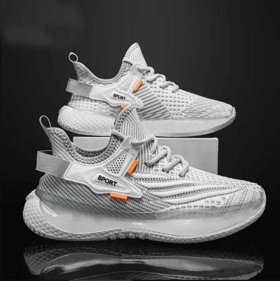 Men's white fly woven mesh platform sneaker with lace-up front and flat rubber sole
