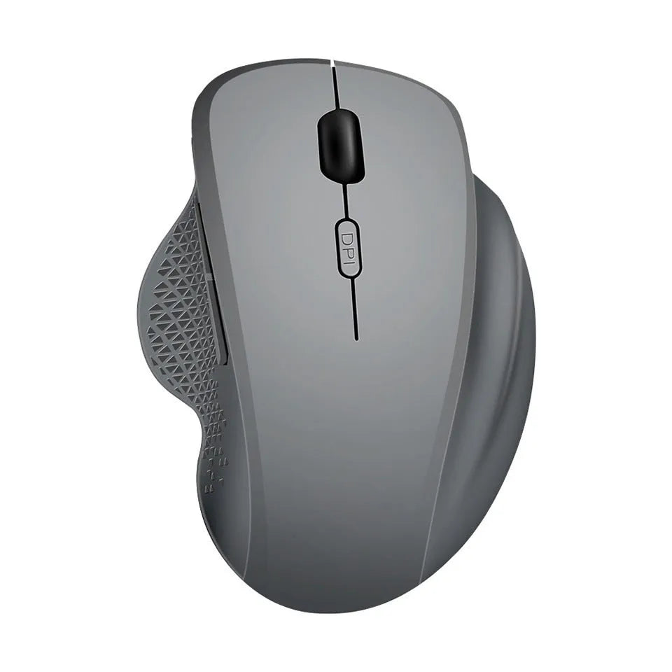 Black or grey wireless rechargeable mouse for laptops with USB cable, showing compact design.