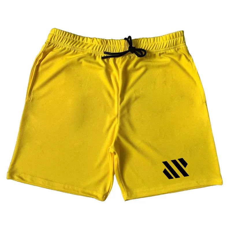 Men's loose-fit metal silk sports shorts in multiple colours on a size chart background