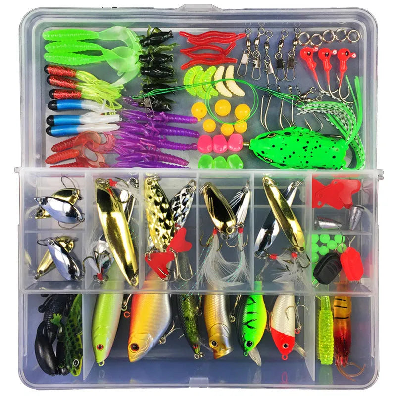 Junior fishing lure suit set in PP plastic storage box with multiple artificial baits