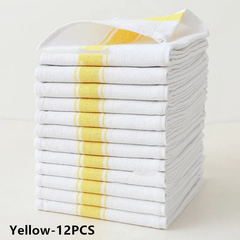 A pack of 12 striped polyester cotton blend kitchen dish towels in assorted colours, showing 48x70 cm size.