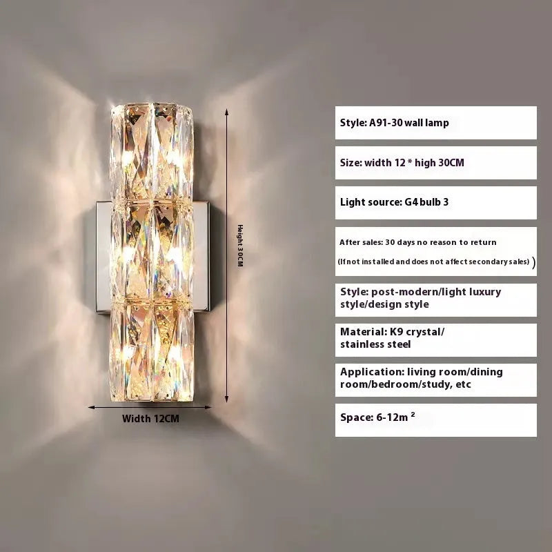 Crystal wall lamp with stainless steel frame in gold or chrome finish, mounted on a wall.