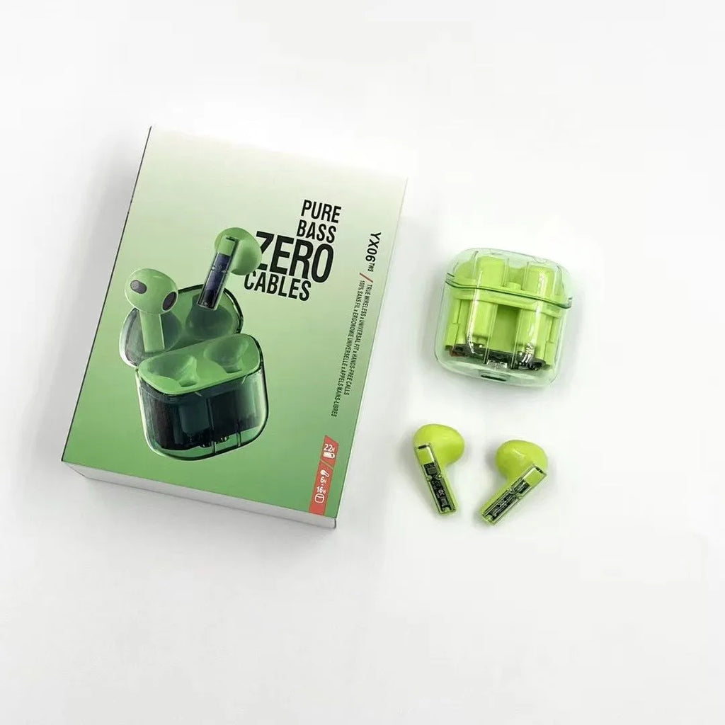 YX06 transparent cabin TWS wireless headphones in black, white, orange, and green colours.
