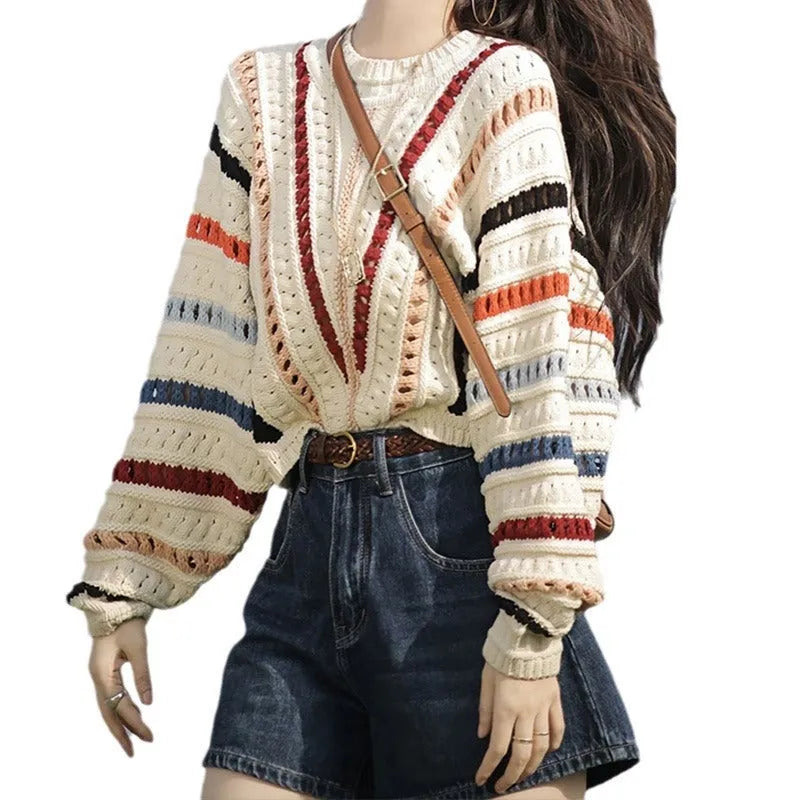 Women's retro rainbow striped hollow sweater with batwing sleeves and round neck