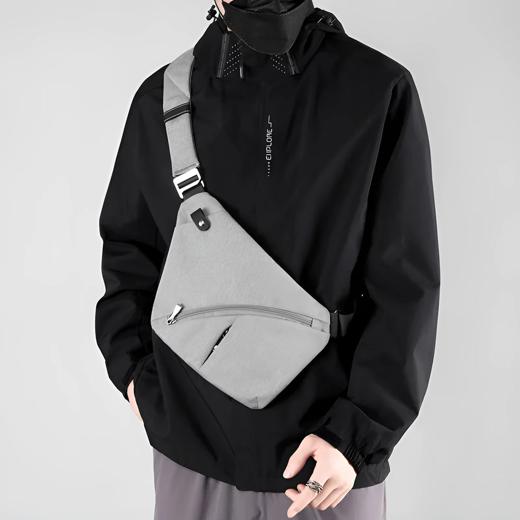 Men's grey oxford cloth chest bag with letter detailing worn on right shoulder