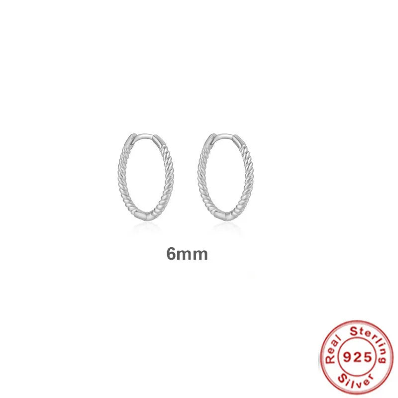 S925 sterling silver twisted string round ring geometric earrings for women on a white background.