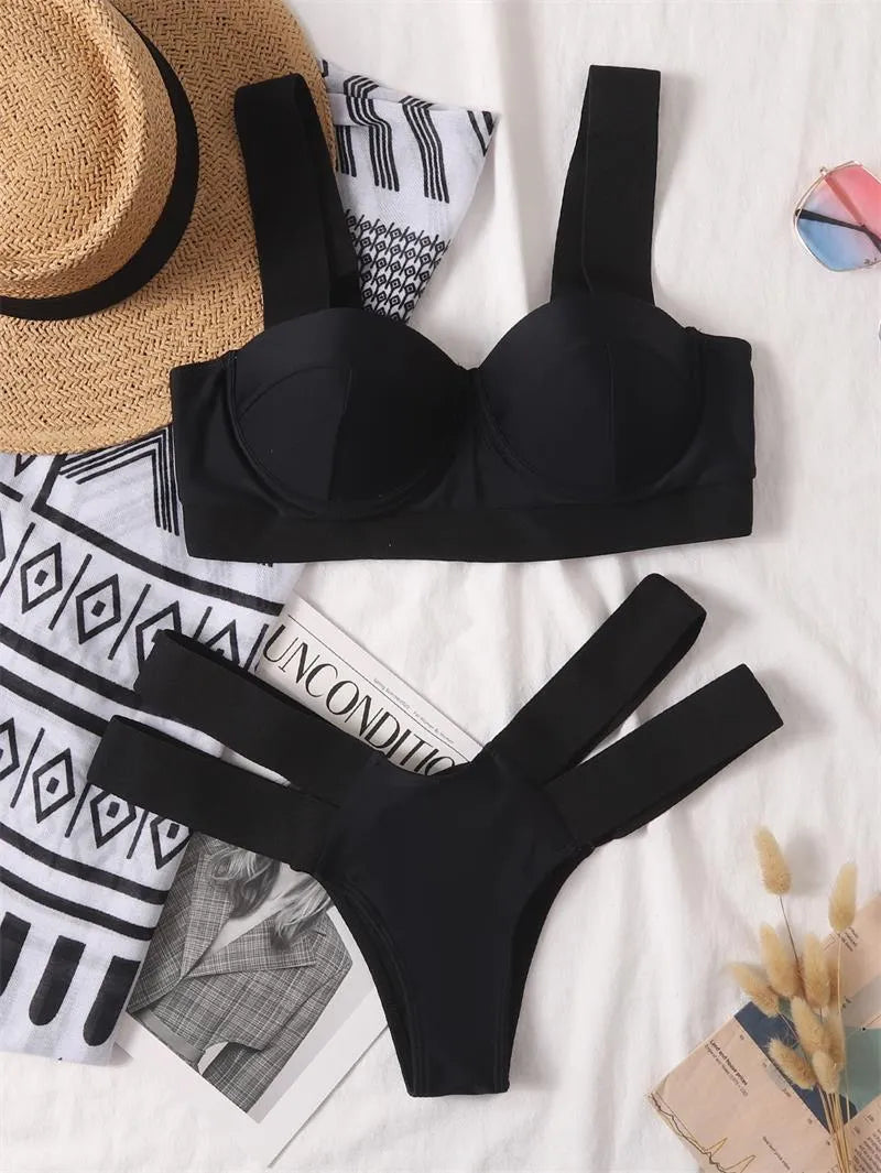 Women's black bikini with steel bracket push-up top and matching pants