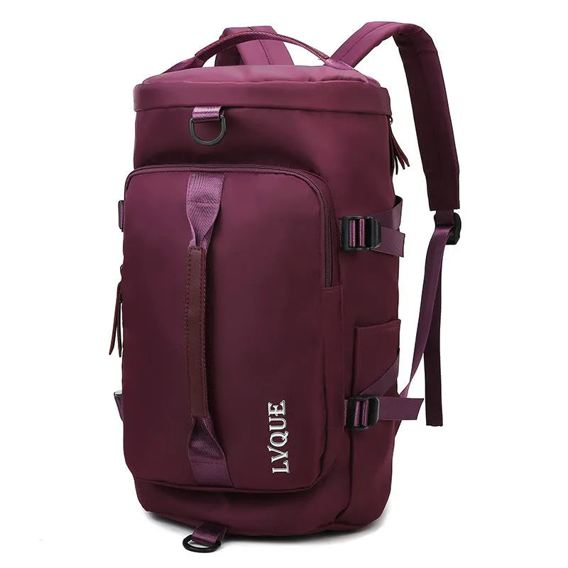 Waterproof nylon gym backpack with combination lock showing shoe compartment and multiple pockets