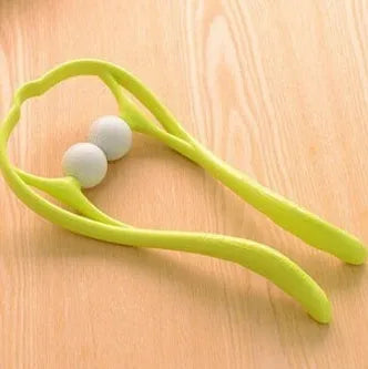 Plastic handheld neck and shoulder massager with adjustable width and roller head in pink, blue, and green colours.