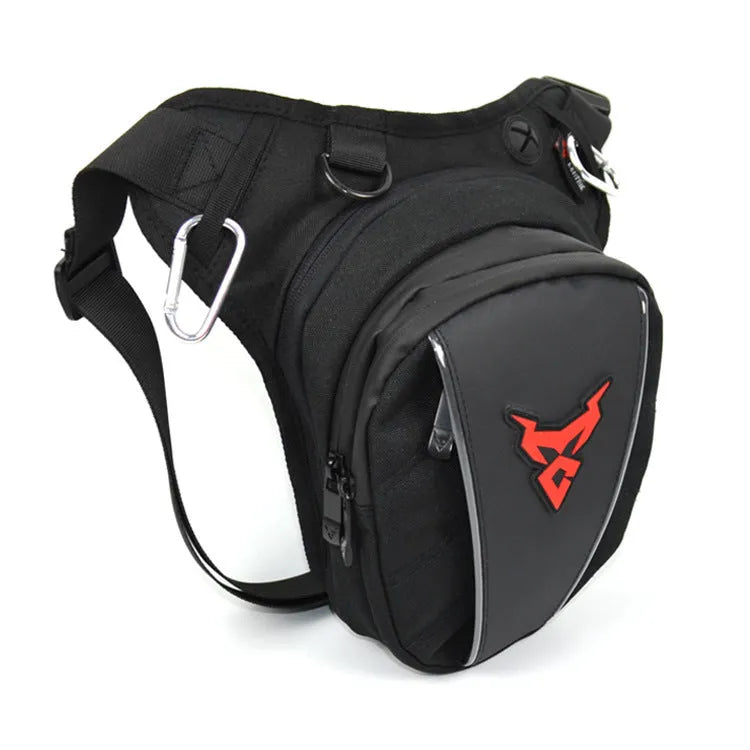 Motorcycle leg bag in red, blue, green, or grey, showing adjustable straps and 1200D Oxford cloth construction.