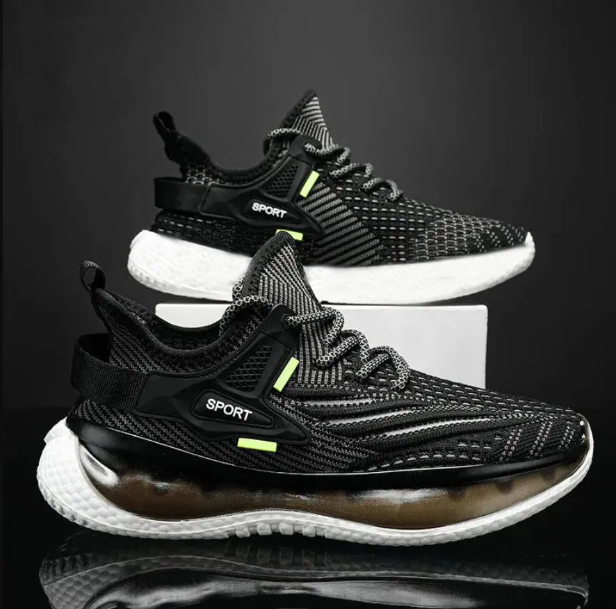 Men's white fly woven mesh platform sneaker with lace-up front and flat rubber sole