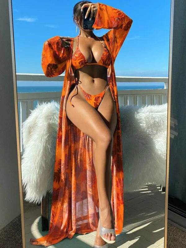 Women's sleeved bikini swimsuit set with matching robe in floral and solid colour options