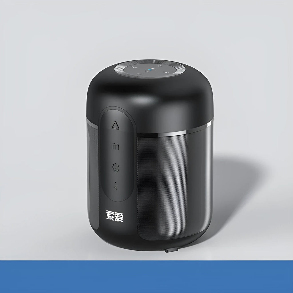 Black portable Bluetooth speaker showing compact 72mm x 99mm dimensions with connectivity ports