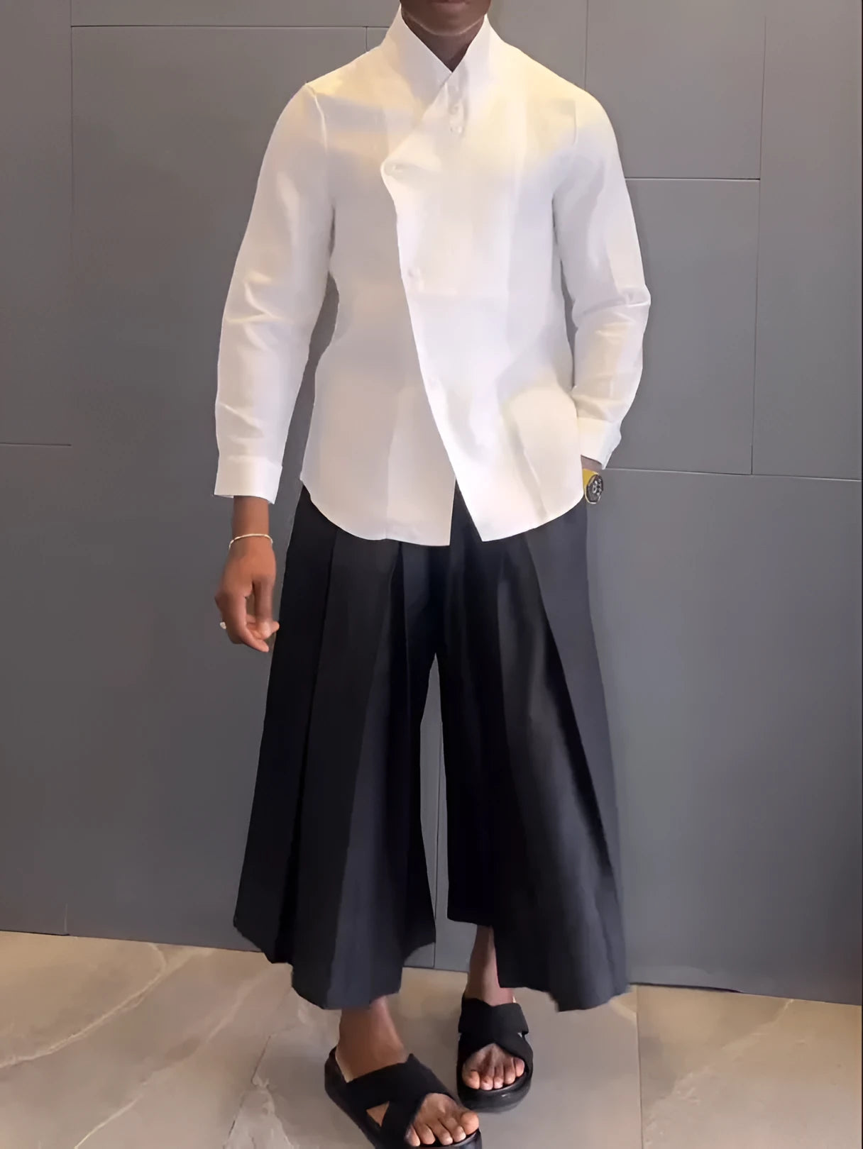 Women's white asymmetric front long sleeve shirt and black pleated trousers casual set
