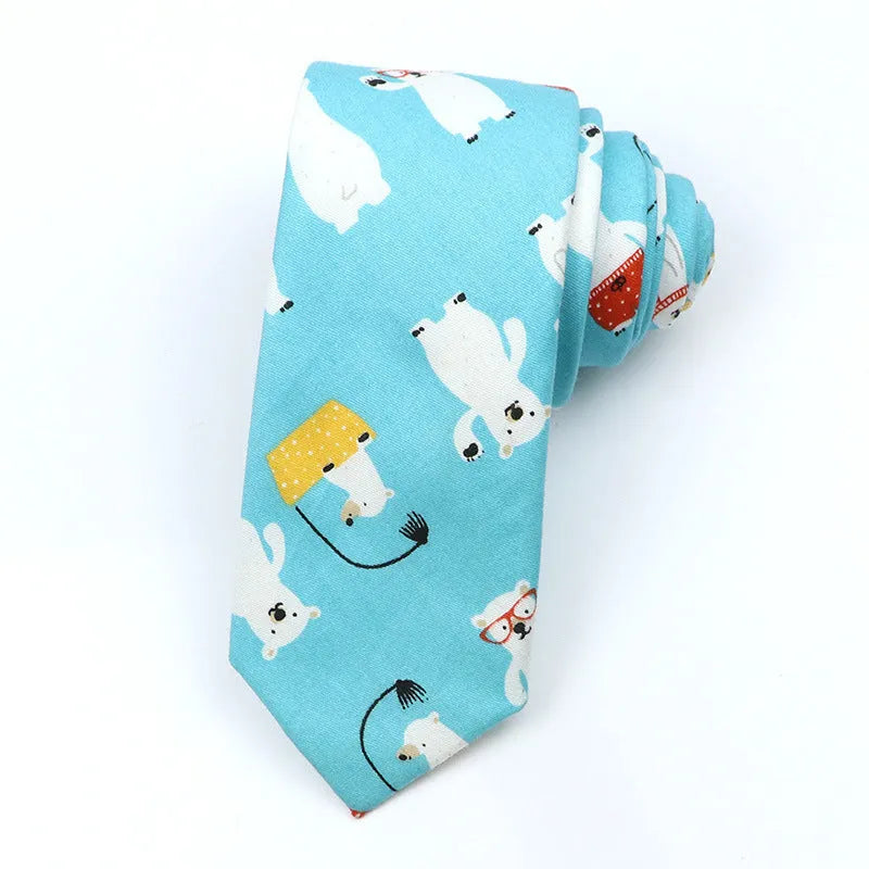 Narrow Korean style cotton bow tie with cartoon print pattern in various colour options