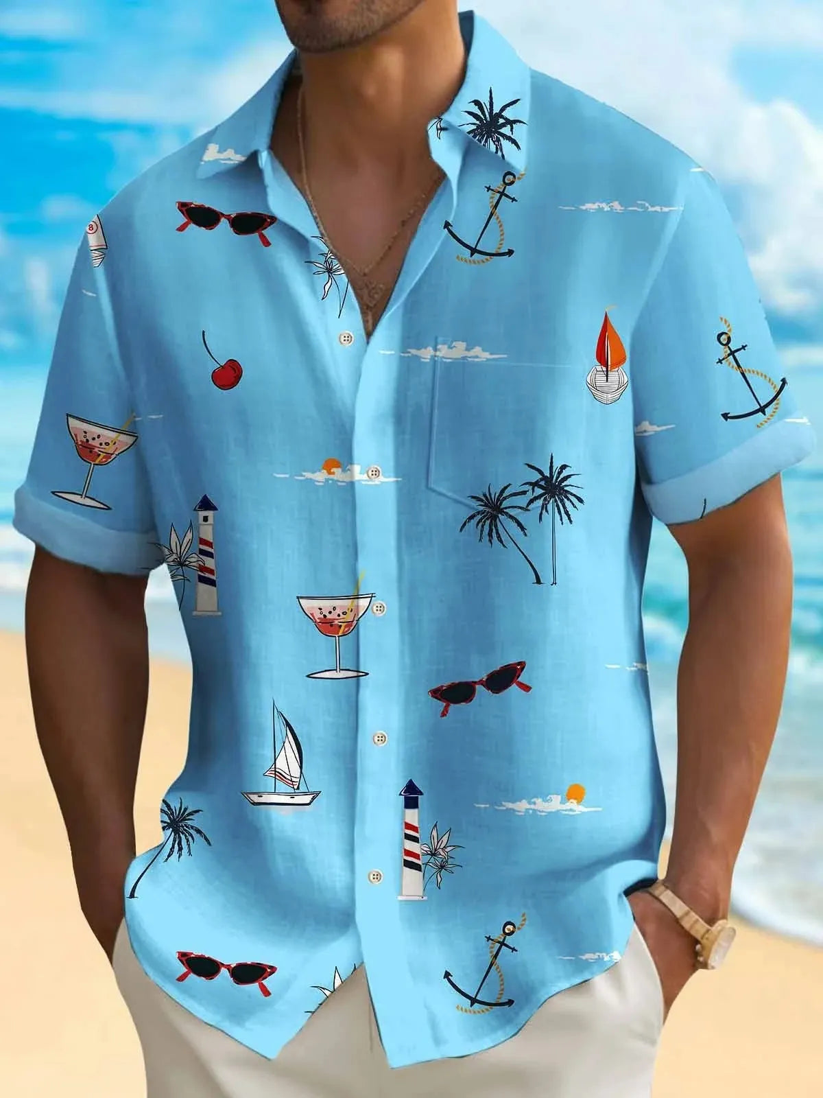 Men's short sleeve Hawaiian print shirt with colourful pattern on polyester fabric.