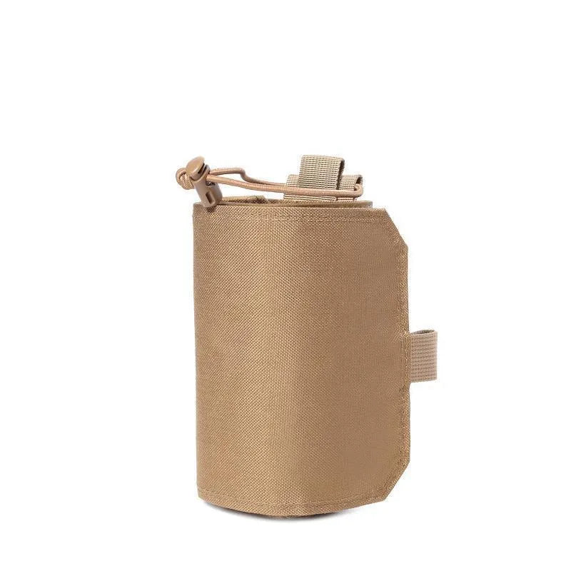 Outdoor adjustable bottle cover made from black Oxford cloth with a khaki PU lining.
