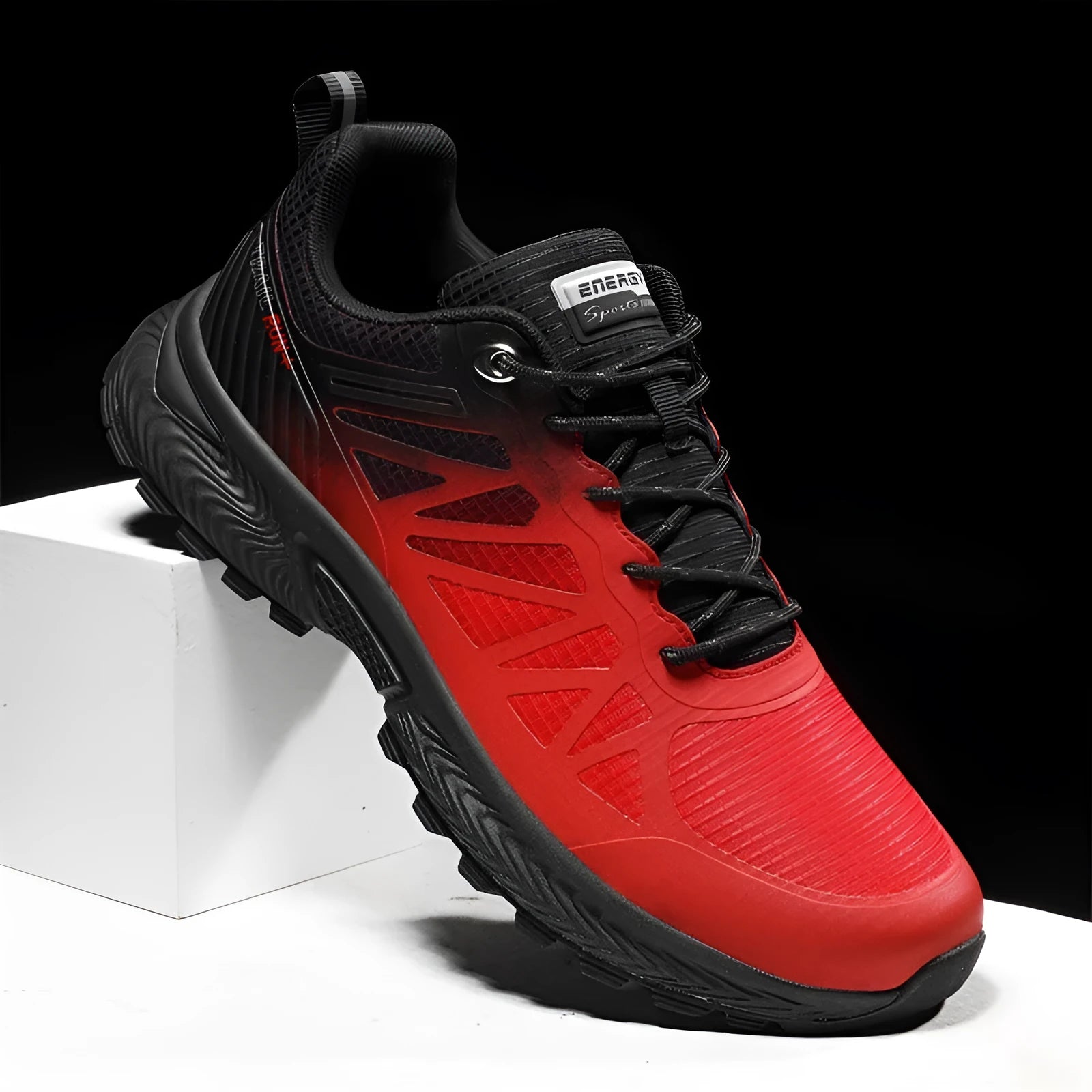 Men's plus size outdoor running shoes with mesh lining in black colour showing round toe shape and lace-up closure