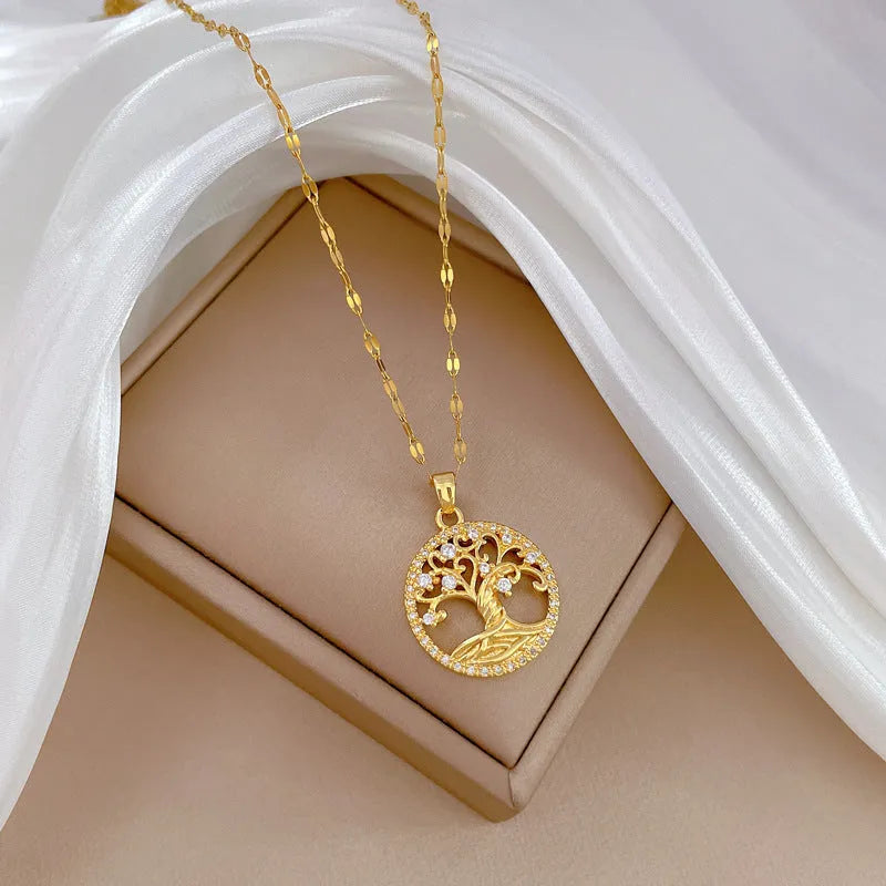 Gold electroplated rhinestone lucky tree light cross necklace with mother pearl shellfish pendant on adjustable stainless steel chain