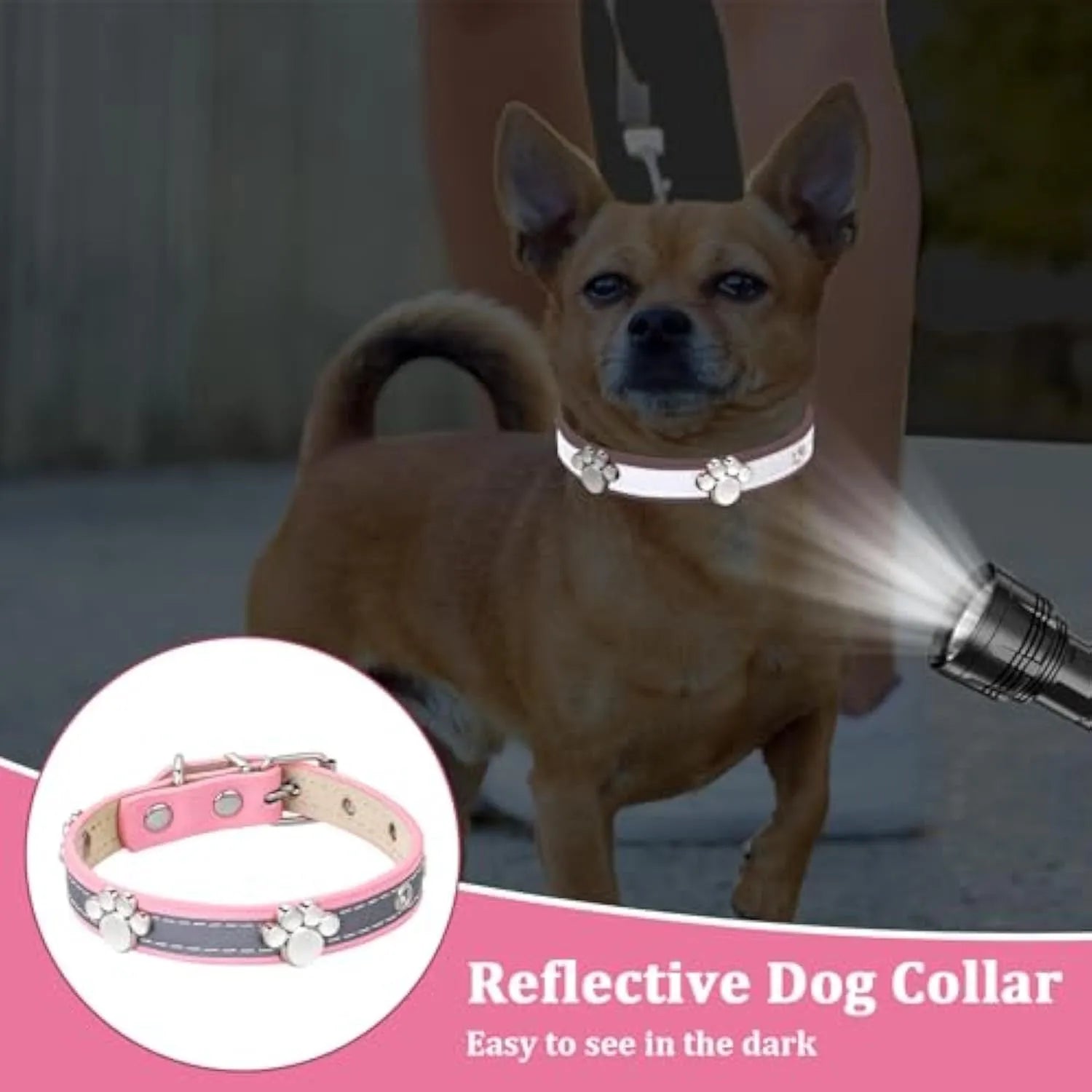 Adjustable leather dog collar with reflective stitching and metal paw print rivets