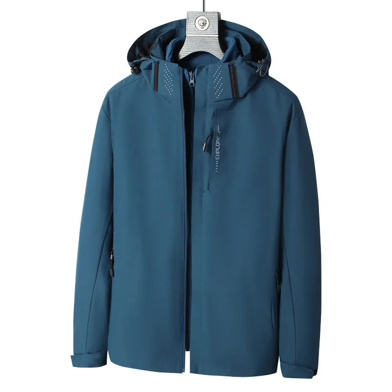 Men's black waterproof mountaineering jacket and trousers set with removable fleece lining.