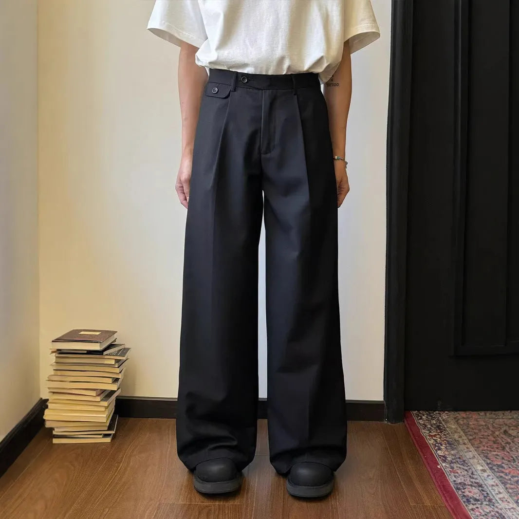 Men's brown straight-cut wide-leg casual suit trousers laid flat