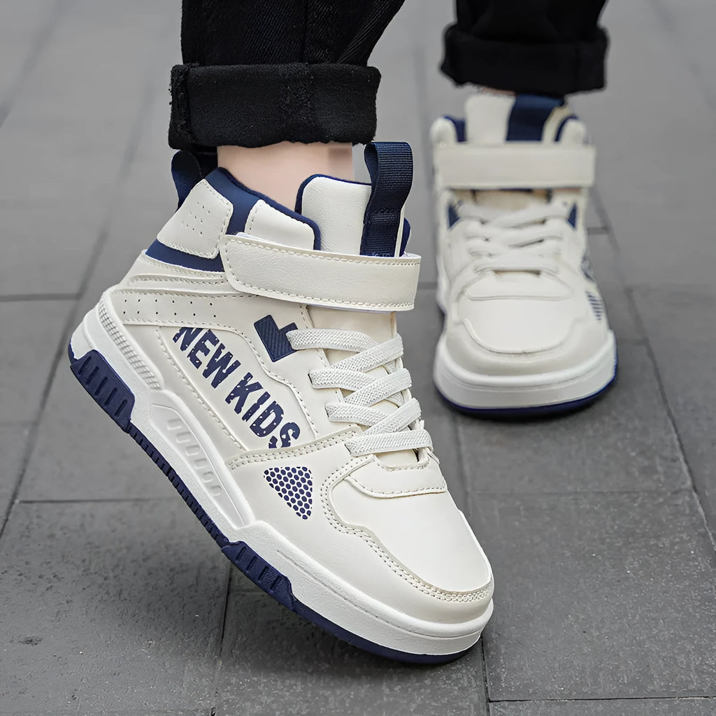 Children's street sneakers with letter pattern PU upper and rubber sole showing buckle closure