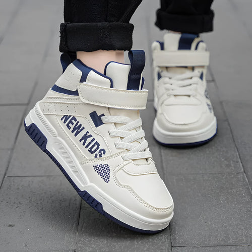 Children's street sneakers with letter pattern PU upper and rubber sole showing buckle closure