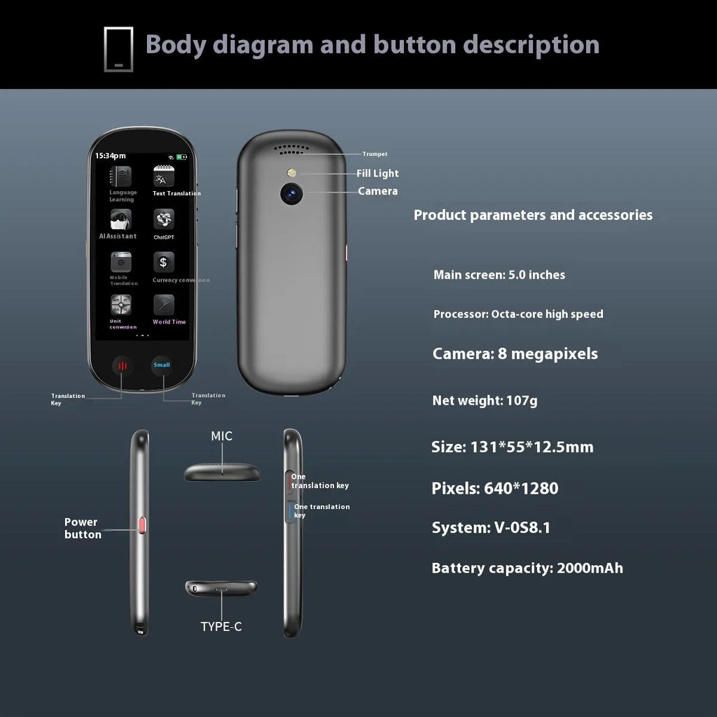 Black multi-language simultaneous interpretation translator device with lanyard for business and travel use