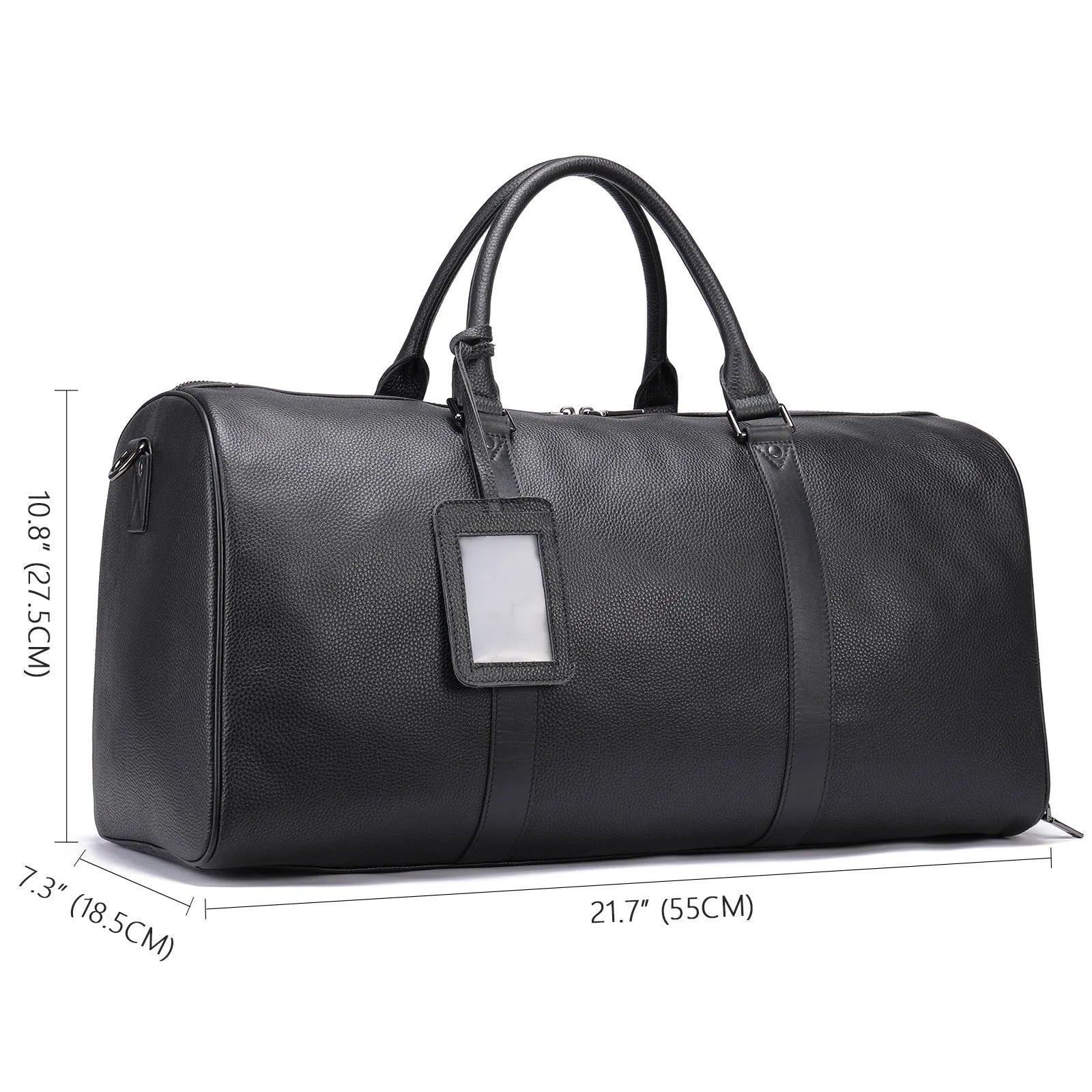 Men's black leather tote bag with single shoulder strap showing 20L capacity