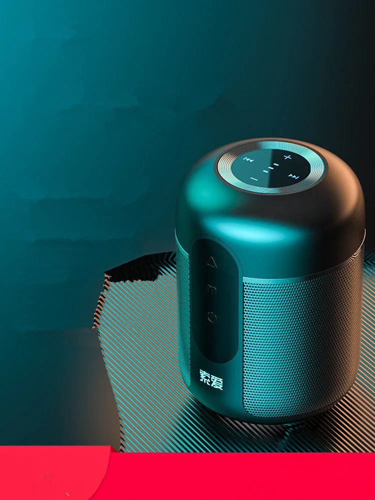 Black portable Bluetooth speaker showing compact 72mm x 99mm dimensions with connectivity ports